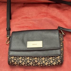 DKNY evening clutch black canvas and brown textile logo new without tags